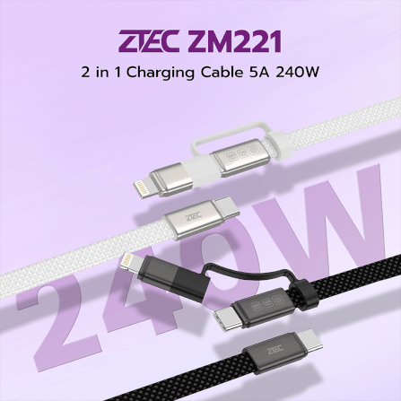สายชาร์จไนลอนถัก ZTEC ZM221 2 IN 1 สีดำ รองรับชาร์จเร็ว 5A 240W USB-C TO USB-C & LIGHTNING ความยาว 1.2 เมตร_1